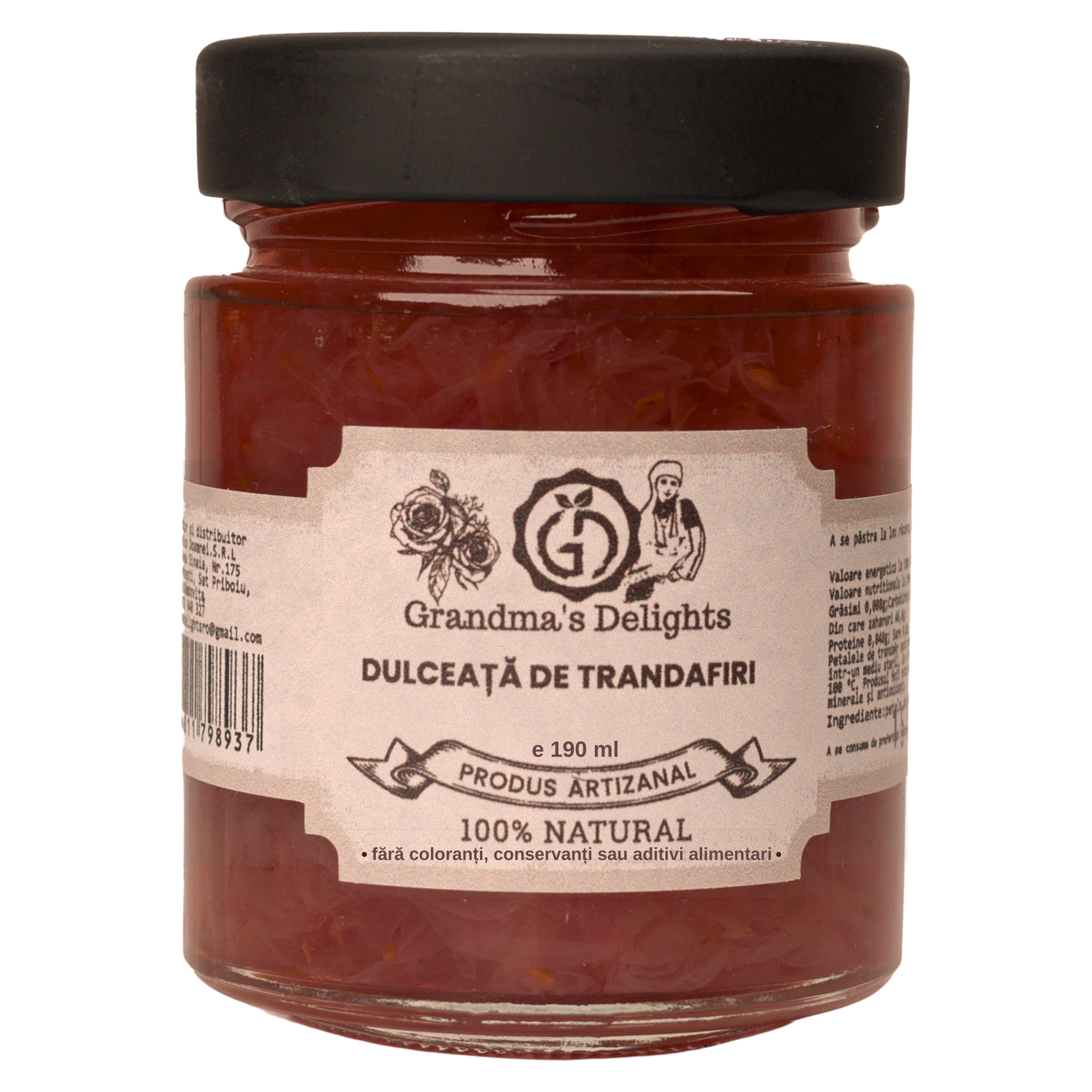 Dulceață de Trandafiri Grandma's Delights, 100% Naturală, Fără Conservanți, Gust Rafinat din Trandafiri Rosa Damascena 190ml